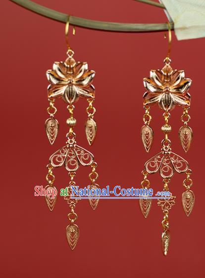 China Traditional Tang Dynasty Princess Ear Accessories Ancient Palace Lady Golden Lotus Earrings