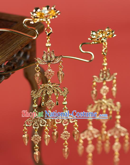 Chinese Traditional Hanfu Tassel Hairpin Hair Accessories Ancient Tang Dynasty Princess Golden Lotus Hair Stick