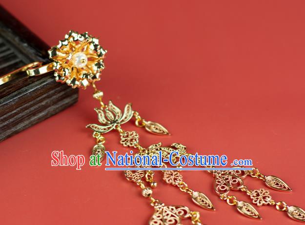 Chinese Traditional Hanfu Tassel Hairpin Hair Accessories Ancient Tang Dynasty Princess Golden Lotus Hair Stick