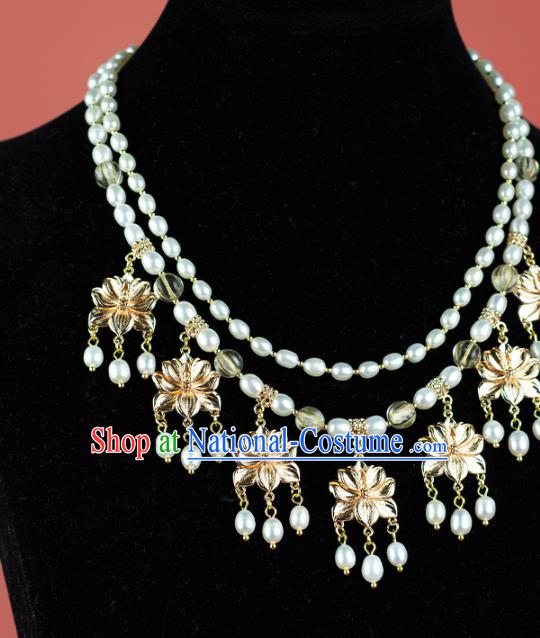 China Classical Golden Lotus Necklace Accessories Traditional Tang Dynasty Princess Pearls Necklet