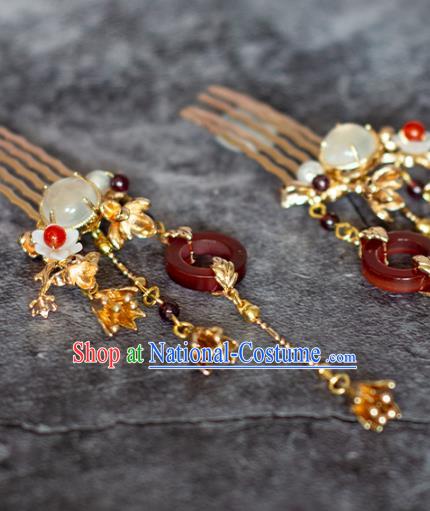 Chinese Traditional Hanfu Hair Accessories Agate Hairpin Ancient Ming Dynasty Princess Tassel Hair Combs