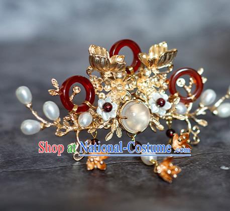 Chinese Traditional Song Dynasty Golden Butterfly Hairpin Ancient Empress Agate Hair Crown