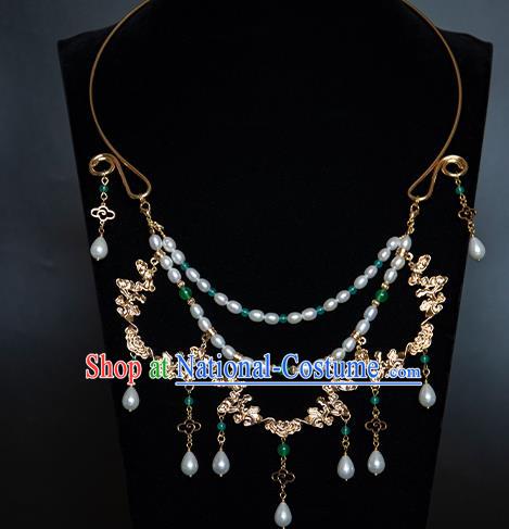 China Classical Pearls Necklace Traditional Tang Dynasty Princess Golden Cloud Necklet Accessories