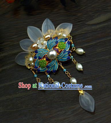 Chinese Traditional Ming Dynasty Tassel Hairpin Hanfu Hair Accessories Ancient Princess Cloisonne Lotus Hair Claw