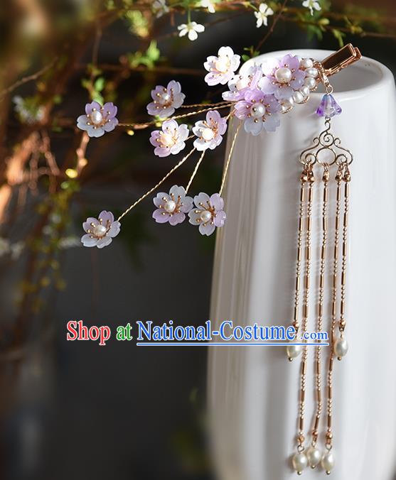 Chinese Traditional Purple Sakura Hairpin Hanfu Hair Accessories Ancient Princess Pearls Tassel Hair Claw