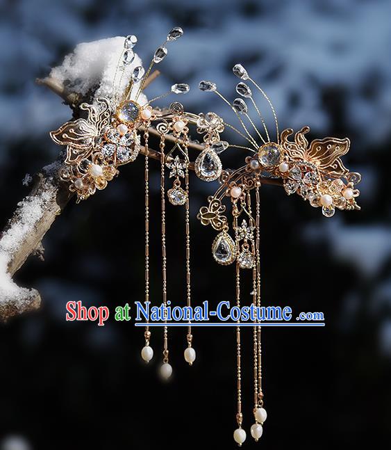 Chinese Traditional Hanfu Tassel Hairpin Handmade Hair Accessories Ancient Princess Crystal Butterfly Hair Claw