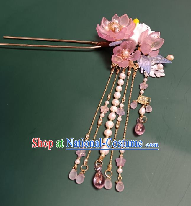 Chinese Ancient Princess Tassel Hairpin Hanfu Hair Accessories Traditional Ming Dynasty Pink Lotus Hair Comb