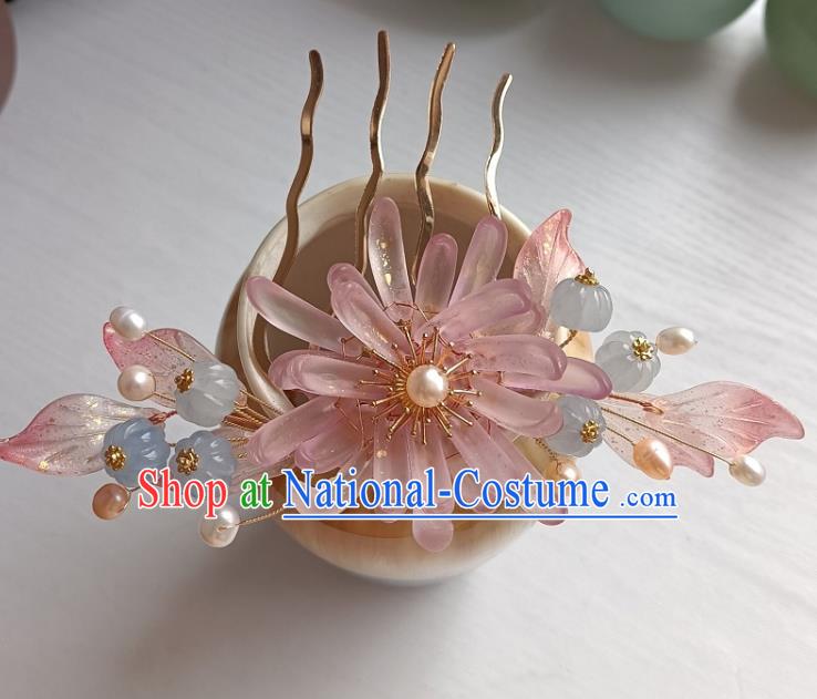 Chinese Ancient Young Lady Hairpin Hanfu Hair Accessories Traditional Song Dynasty Pink Chrysanthemum Hair Comb