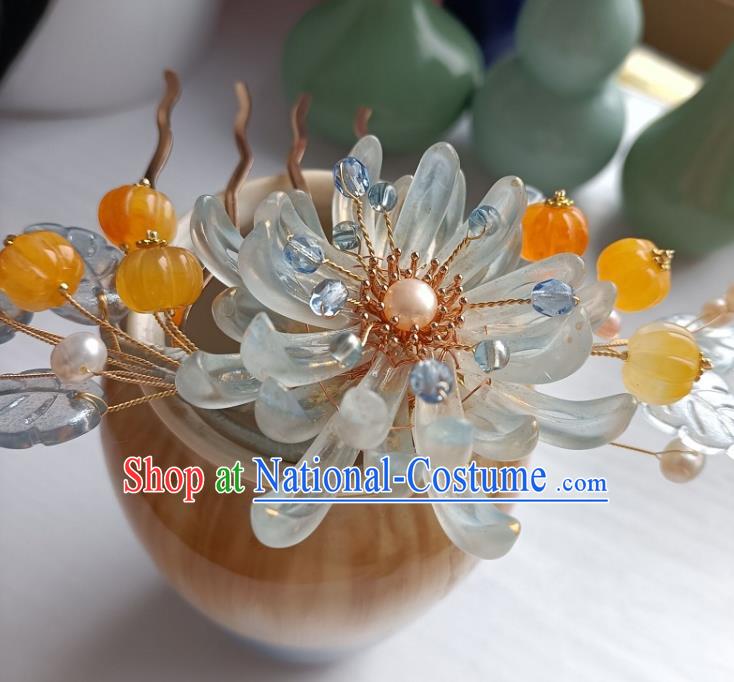 Chinese Hanfu Hair Accessories Traditional Song Dynasty Blue Chrysanthemum Hair Comb Ancient Young Lady Hairpin