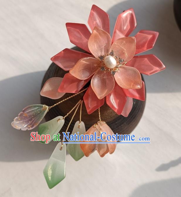 Chinese Traditional Ming Dynasty Pink Flower Hair Stick Ancient Young Lady Hairpin Hanfu Hair Accessories