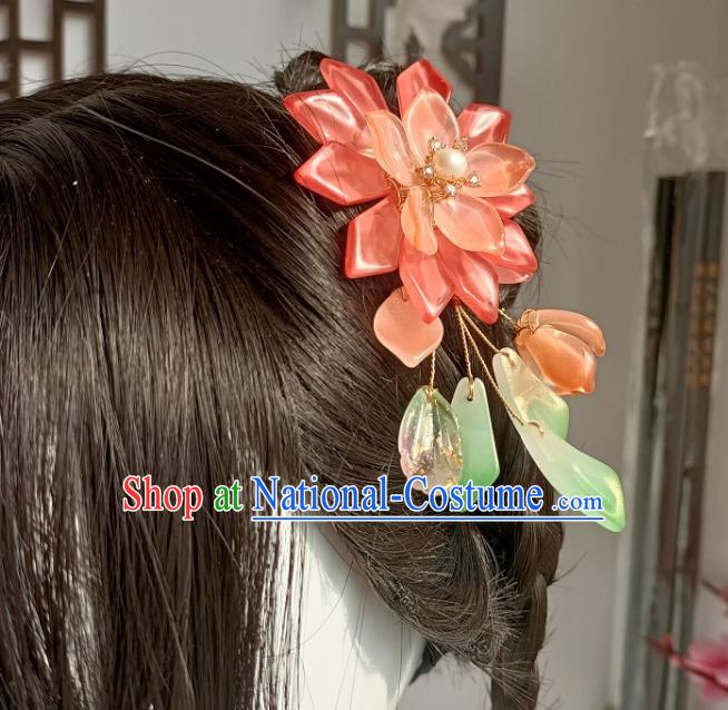 Chinese Traditional Ming Dynasty Pink Flower Hair Stick Ancient Young Lady Hairpin Hanfu Hair Accessories