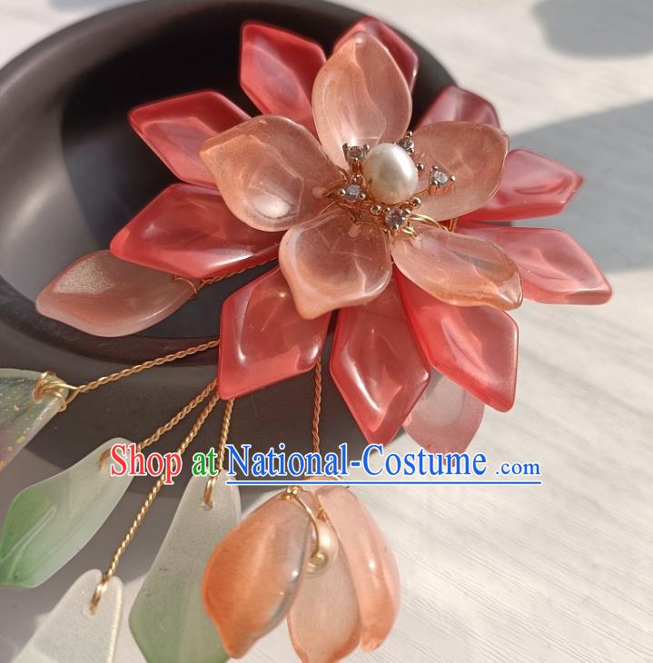 Chinese Traditional Ming Dynasty Pink Flower Hair Stick Ancient Young Lady Hairpin Hanfu Hair Accessories