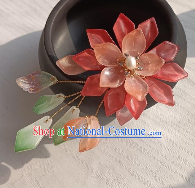 Chinese Traditional Ming Dynasty Pink Flower Hair Stick Ancient Young Lady Hairpin Hanfu Hair Accessories