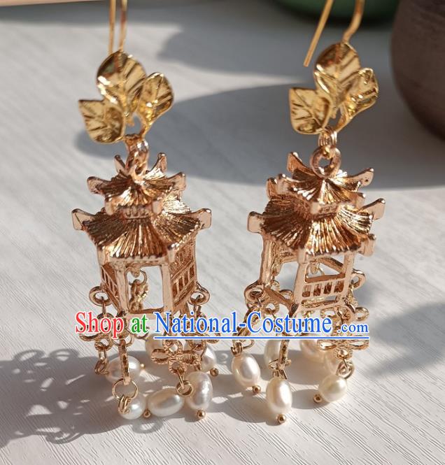 China Handmade Ancient Ming Dynasty Empress Golden Lantern Earrings Traditional Hanfu Ear Accessories