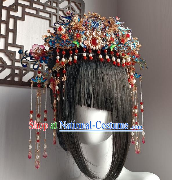 Chinese Ancient Empress Cloisonne Hair Crown Hanfu Hair Accessories Traditional Qing Dynasty Phoenix Coronet