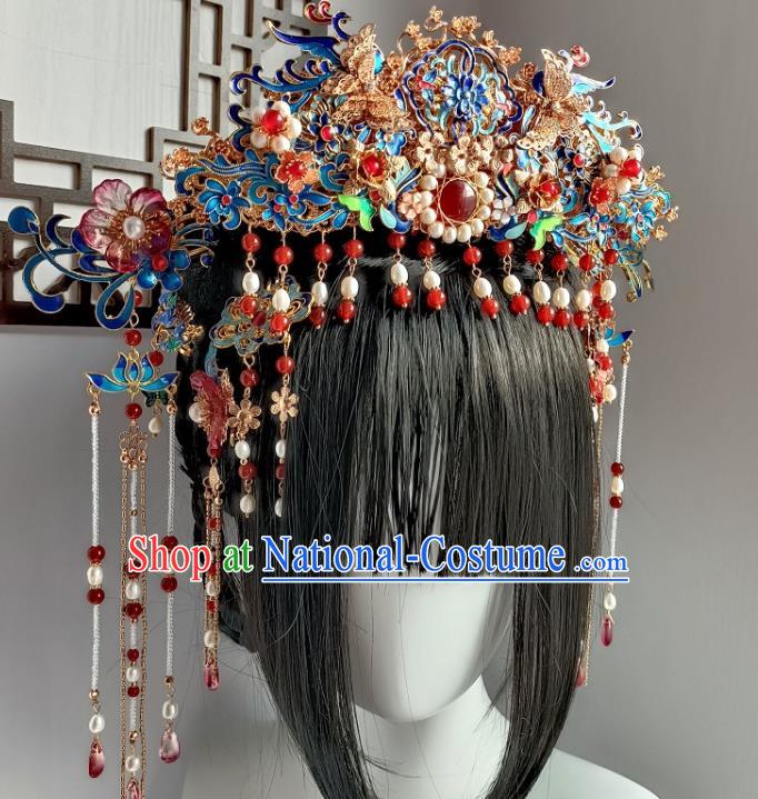 Chinese Ancient Empress Cloisonne Hair Crown Hanfu Hair Accessories Traditional Qing Dynasty Phoenix Coronet