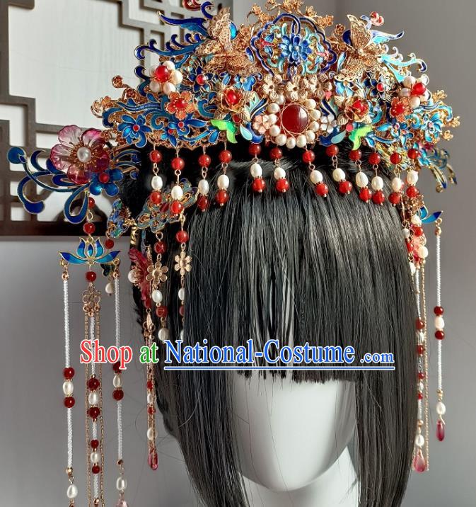 Chinese Ancient Empress Cloisonne Hair Crown Hanfu Hair Accessories Traditional Qing Dynasty Phoenix Coronet