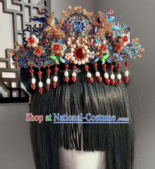 Chinese Ancient Empress Cloisonne Hair Crown Hanfu Hair Accessories Traditional Qing Dynasty Phoenix Coronet