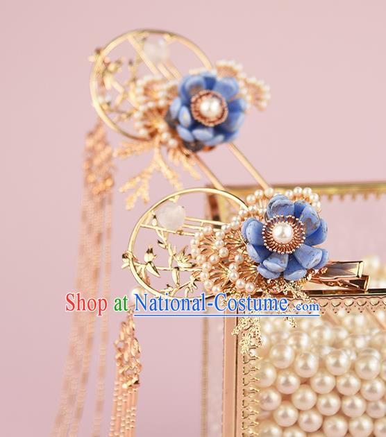 Chinese Traditional Blue Flower Hairpin Handmade Hair Accessories Ancient Hanfu Tassel Hair Stick