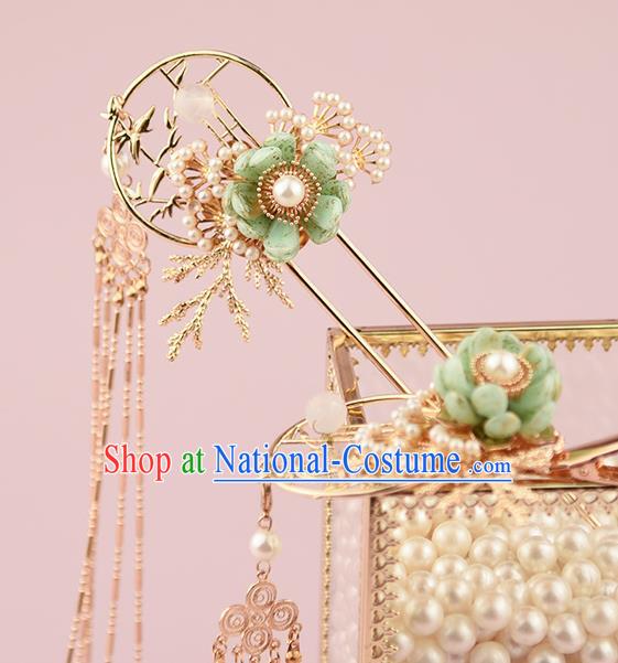 Chinese Handmade Hair Accessories Ancient Hanfu Tassel Hair Stick Traditional Green Flower Hairpin