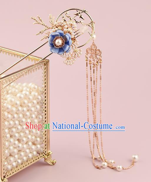 Chinese Traditional Blue Flower Hairpin Handmade Hair Accessories Ancient Hanfu Tassel Hair Stick