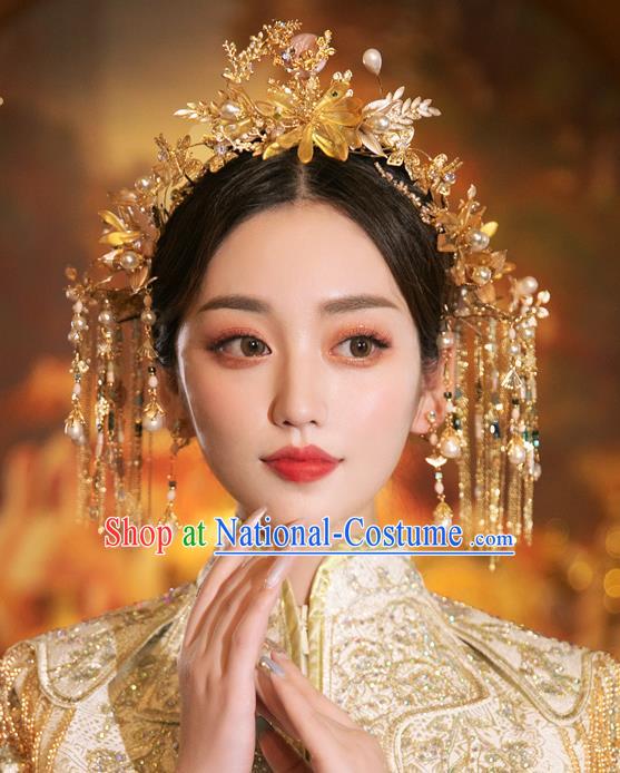 Chinese Classical Xiuhe Suit Golden Flowers Hair Crown Traditional Wedding Hair Accessories Full Set