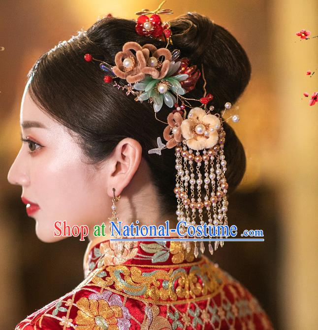 Chinese Traditional Wedding Hair Accessories Classical Xiuhe Suit Velvet Flowers Hairpins Full Set