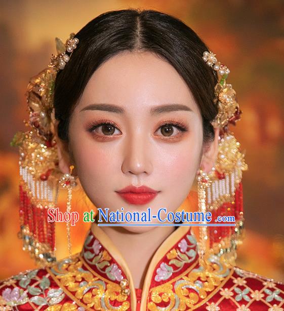 Chinese Traditional Wedding Bride Hair Accessories Classical Xiuhe Suit Beads Tassel Hairpins