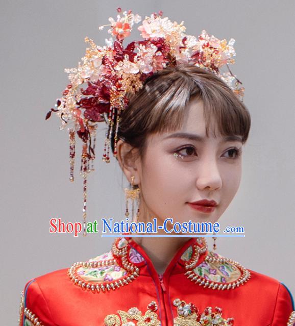 Chinese Bride Phoenix Coronet Traditional Wedding Hair Accessories Classical Xiuhe Suit Flowers Hair Crown