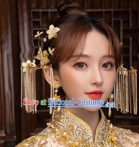 China Handmade Ancient Bride Golden Butterfly Tassel Earrings Traditional Wedding Ear Accessories