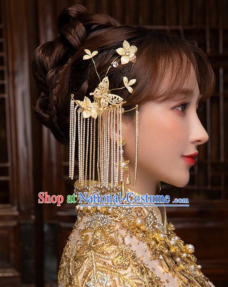 China Handmade Ancient Bride Golden Butterfly Tassel Earrings Traditional Wedding Ear Accessories