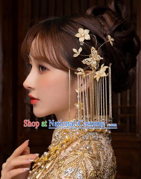 China Handmade Ancient Bride Golden Butterfly Tassel Earrings Traditional Wedding Ear Accessories