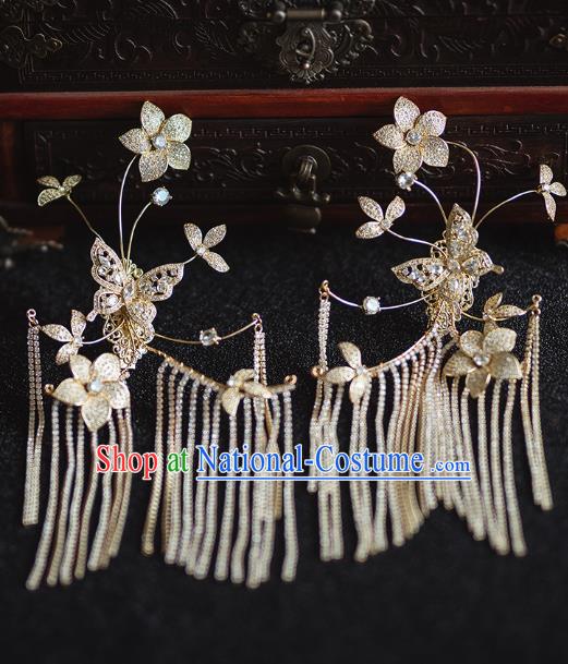 China Handmade Ancient Bride Golden Butterfly Tassel Earrings Traditional Wedding Ear Accessories