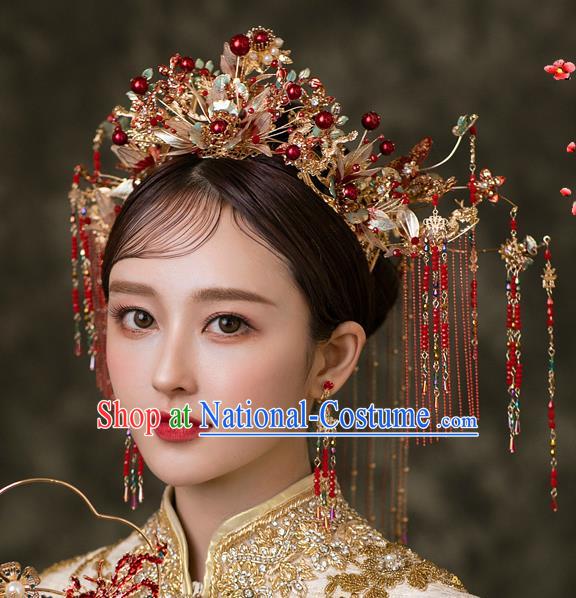 Chinese Classical Xiuhe Suit Red Tassel Hair Crown Bride Phoenix Coronet Traditional Wedding Hair Accessories