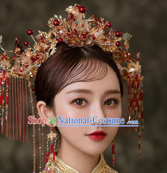 Chinese Classical Xiuhe Suit Red Tassel Hair Crown Bride Phoenix Coronet Traditional Wedding Hair Accessories