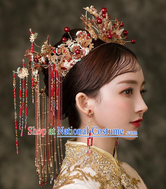 Chinese Classical Xiuhe Suit Red Tassel Hair Crown Bride Phoenix Coronet Traditional Wedding Hair Accessories