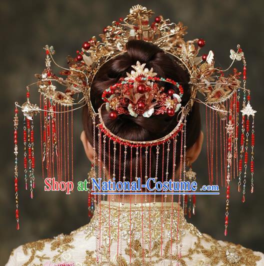 Chinese Classical Xiuhe Suit Red Tassel Hair Crown Bride Phoenix Coronet Traditional Wedding Hair Accessories