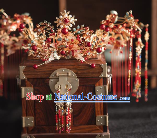 Chinese Classical Xiuhe Suit Red Tassel Hair Crown Bride Phoenix Coronet Traditional Wedding Hair Accessories