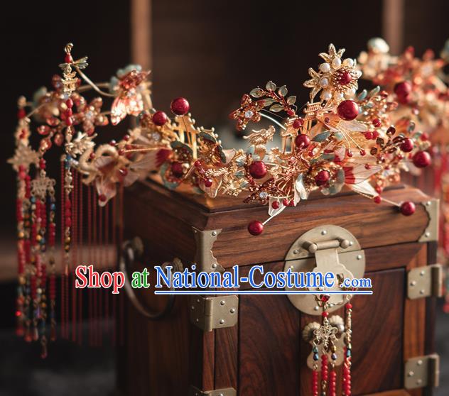 Chinese Classical Xiuhe Suit Red Tassel Hair Crown Bride Phoenix Coronet Traditional Wedding Hair Accessories