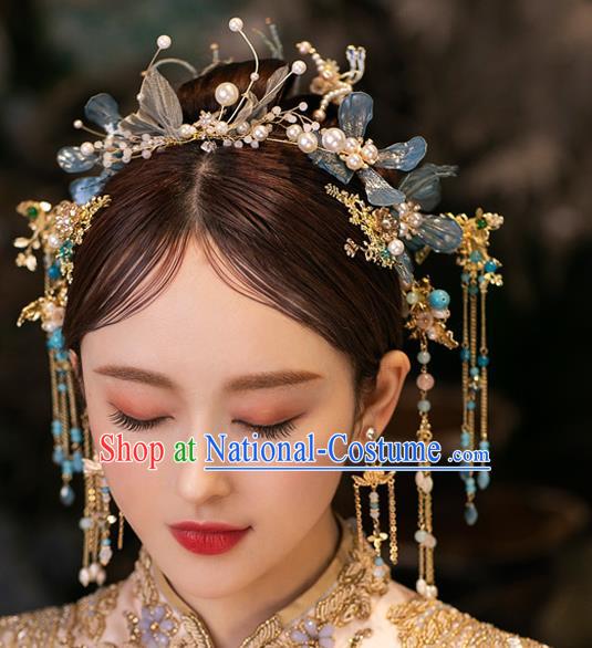 Chinese Bride Blue Flowers Hair Clasp Traditional Wedding Hair Accessories Classical Xiuhe Suit Hair Crown