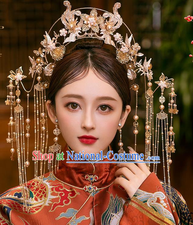 Chinese Bride Tassel Phoenix Coronet Traditional Wedding Hair Accessories Classical Xiuhe Suit Golden Hair Crown