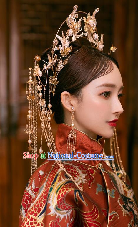 Chinese Bride Tassel Phoenix Coronet Traditional Wedding Hair Accessories Classical Xiuhe Suit Golden Hair Crown