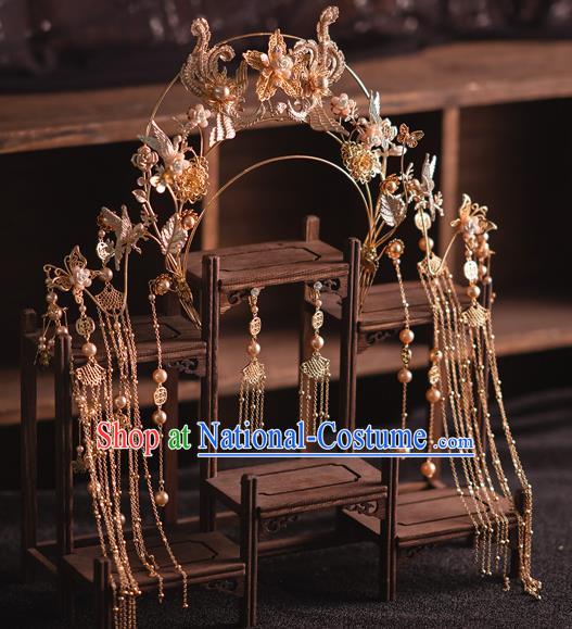 Chinese Bride Tassel Phoenix Coronet Traditional Wedding Hair Accessories Classical Xiuhe Suit Golden Hair Crown