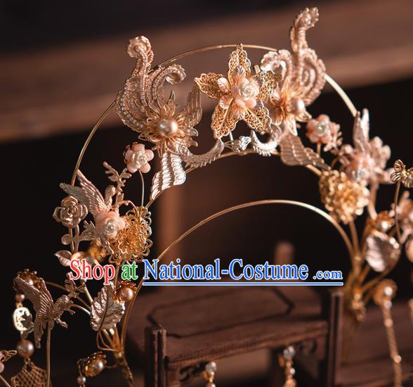 Chinese Bride Tassel Phoenix Coronet Traditional Wedding Hair Accessories Classical Xiuhe Suit Golden Hair Crown