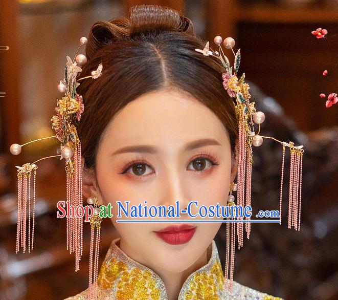 Chinese Bride Headdress Traditional Wedding Hair Accessories Classical Xiuhe Suit Pink Tassel Hair Sticks