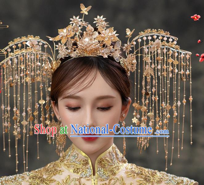 Chinese Bride Tassel Phoenix Coronet Traditional Wedding Hair Accessories Classical Xiuhe Suit Golden Flowers Hair Crown