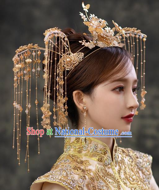 Chinese Bride Tassel Phoenix Coronet Traditional Wedding Hair Accessories Classical Xiuhe Suit Golden Flowers Hair Crown