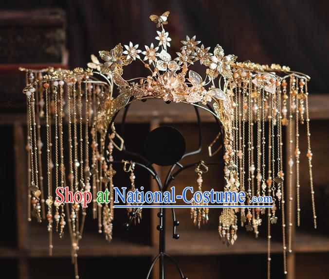 Chinese Bride Tassel Phoenix Coronet Traditional Wedding Hair Accessories Classical Xiuhe Suit Golden Flowers Hair Crown