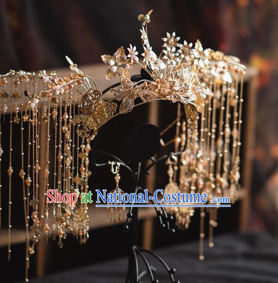 Chinese Bride Tassel Phoenix Coronet Traditional Wedding Hair Accessories Classical Xiuhe Suit Golden Flowers Hair Crown