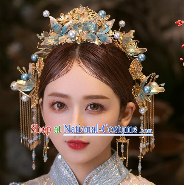 Chinese Bride Tassel Hairpins Traditional Wedding Hair Accessories Classical Xiuhe Suit Blue Flower Hair Crown